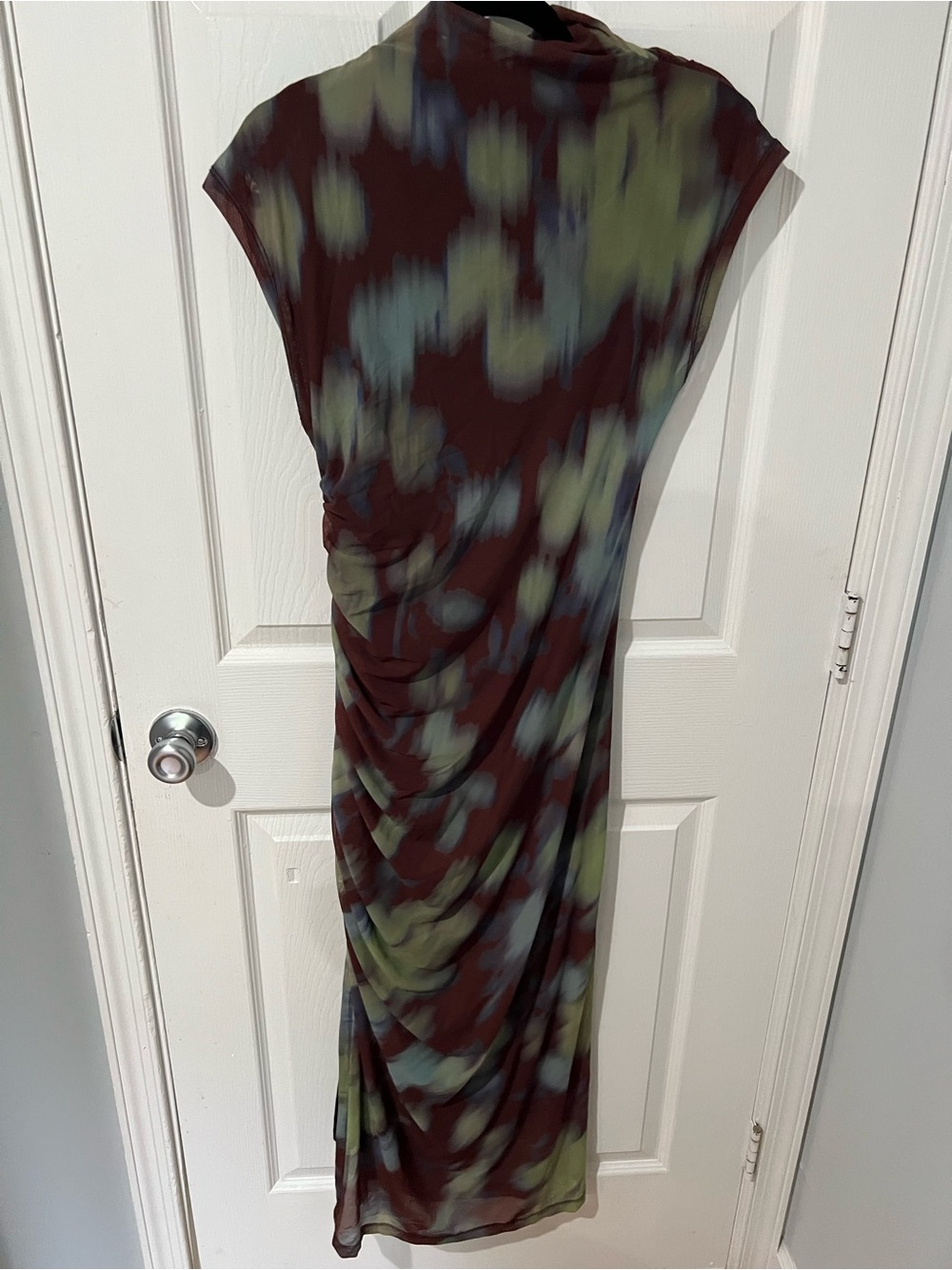 Anthropologie Olive and Brown Printed Draped Maxi Dress